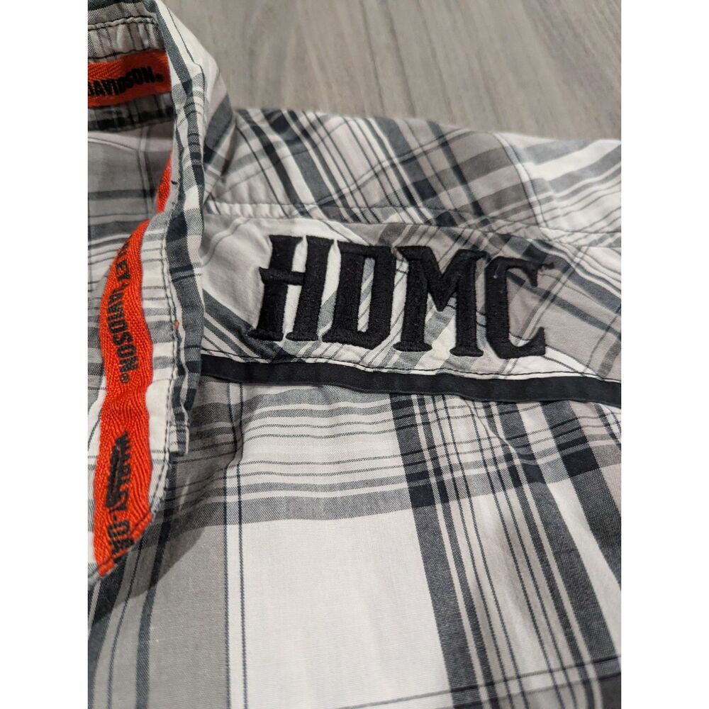 Harley Davidson Short Sleeve Plaid Button Up Shirt HDMC Graphic B&W Men's XL - Picture 6 of 8